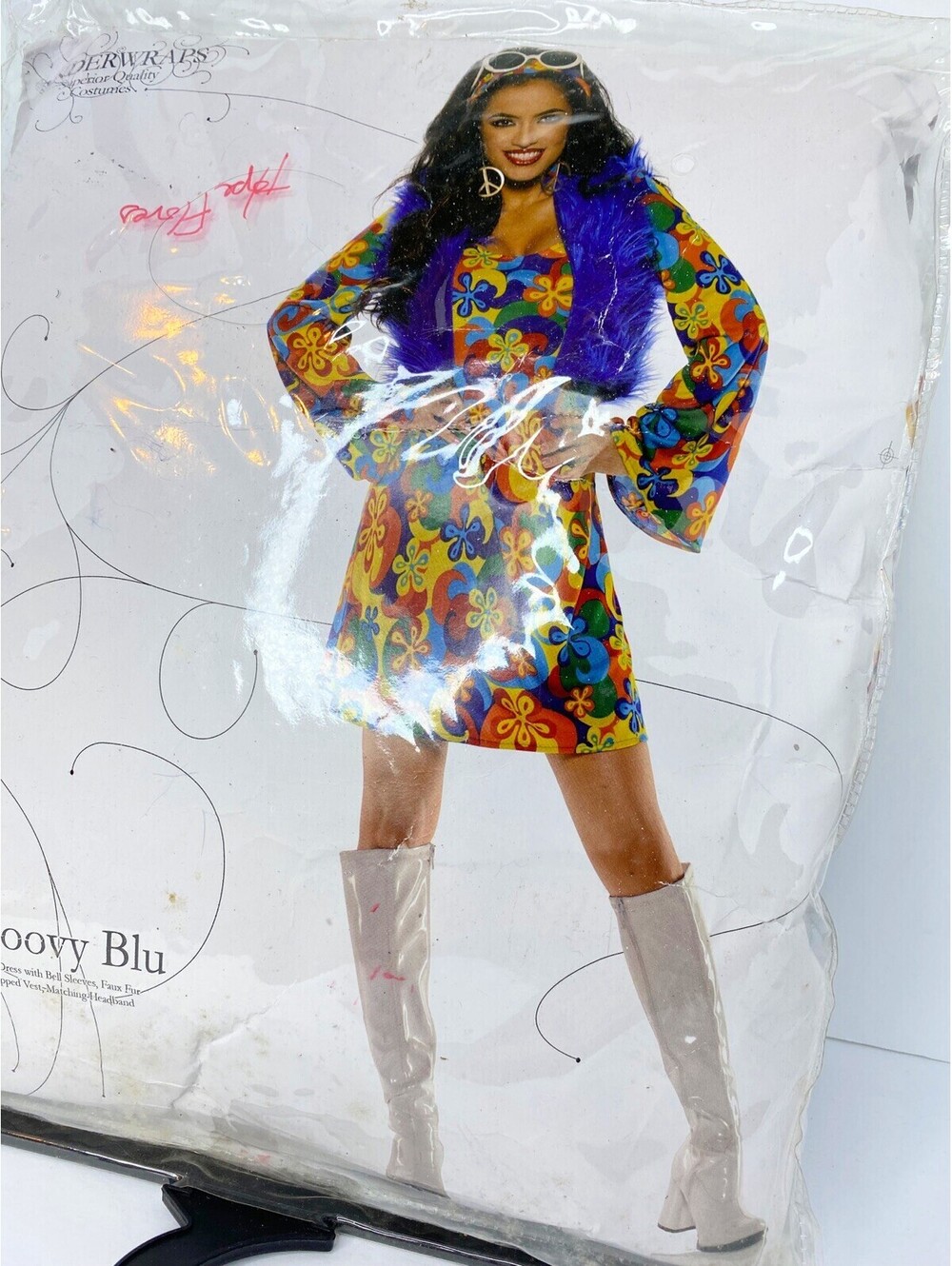 Underwraps Groovy Blu Womens Hippie Costume 1960s 70s Flower Power Dress Size XL